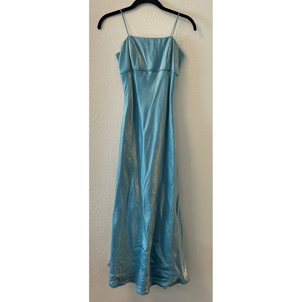 Vtg 90's Y2K Prom Dress Maxi Gown Size 3/4 Iridescent Blue Satiny Shiny Flaws